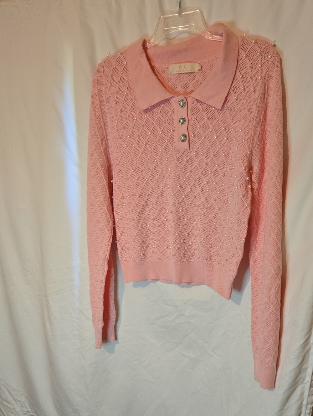 LC Pink Beaded Collared Knit Sweater